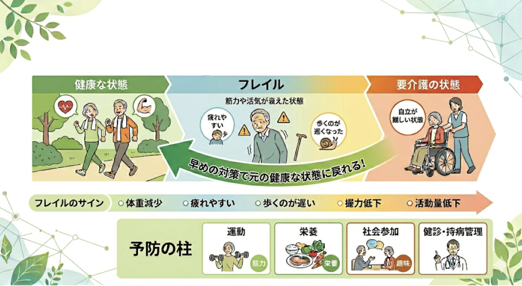 健康な状態、フレイル、要介護の状態と予防の柱